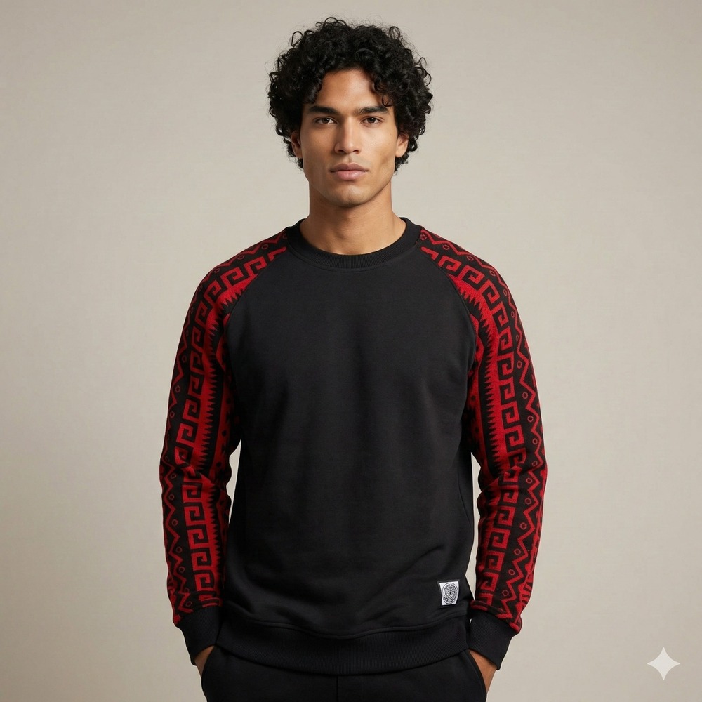 NWT MOPA Mens Black Red Geometric Pattern Raglan‎ Sleeve Designer Sweatshirt XL